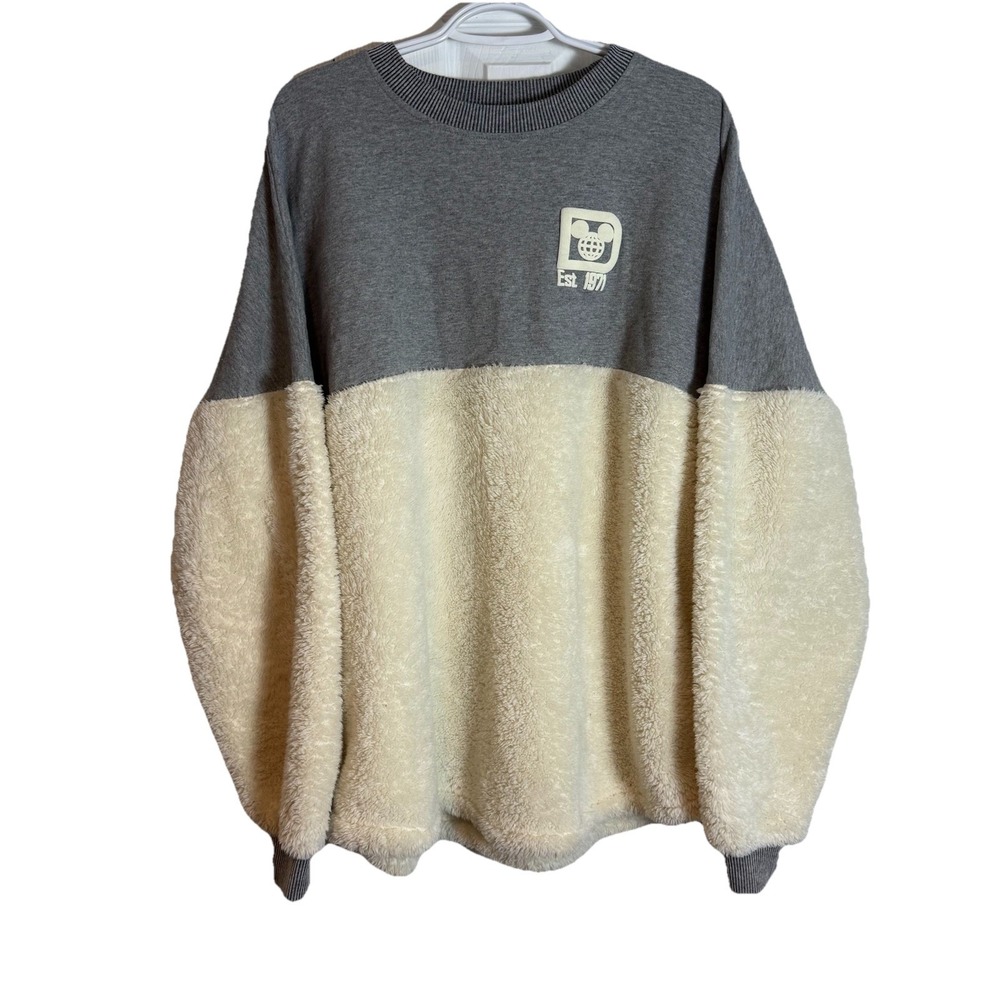 Walt Disney World Women's XL Sherpa Fleece Pullover Sweatshirt Gray Cream Cozy